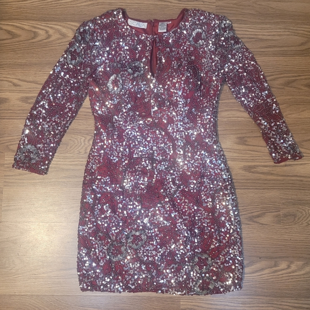 Sequined and Beaded Embellished Burgundy Minidress by Scala